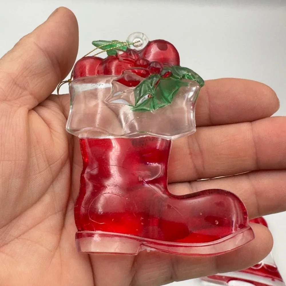 Vintage Clear Red Acrylic Christmas Ornaments Set 4 Santa‎ Snowman Bell Stocking